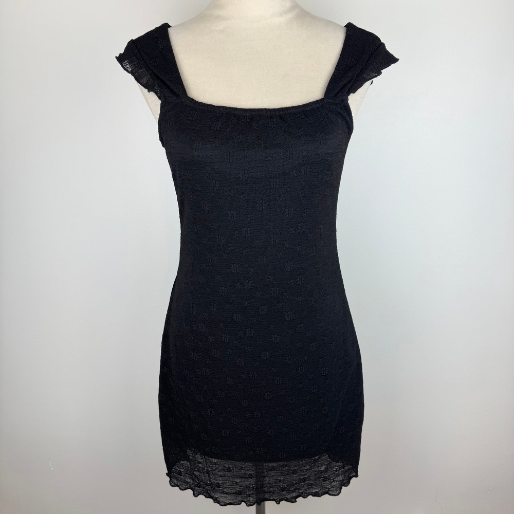 Black Textured Jacquard Ruffle Shoulder Mini Dress Square Neck Tie Back Sz Small
